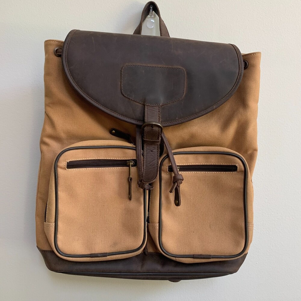 Canyon Outback VTG Leather Canvas Backpack Cinch Buckle Brown Tan Classic 90s